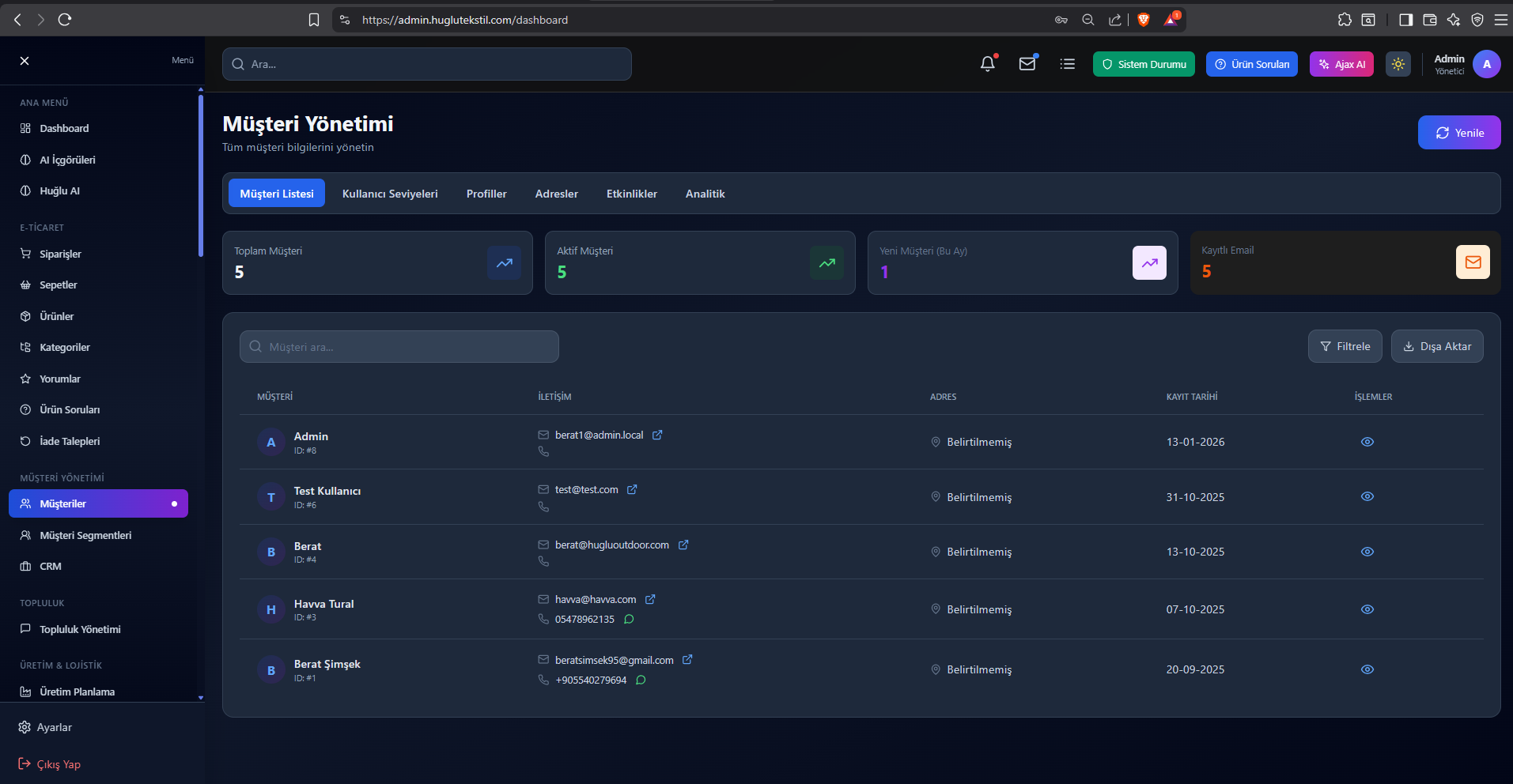 Yonetim Paneli - Musteri Yonetimi